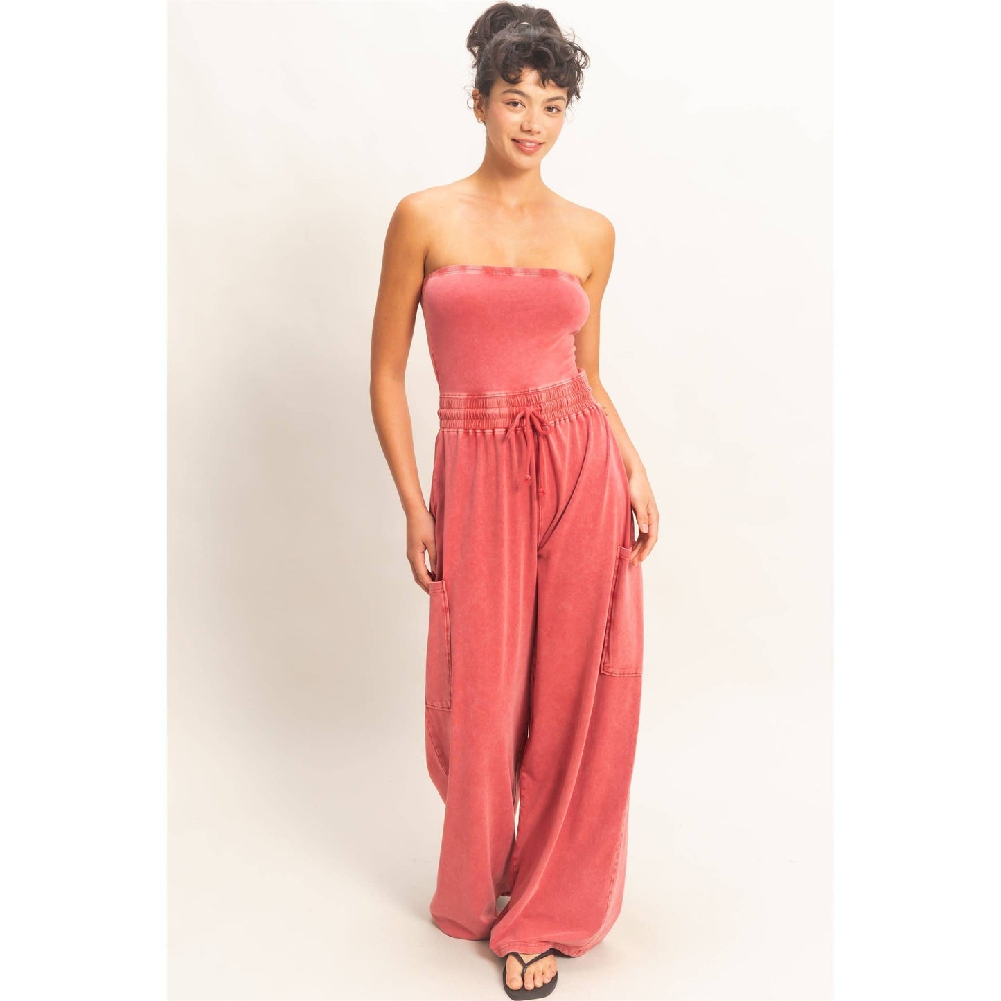 Mineral Wash Strapless Wide-Leg Jumpsuit