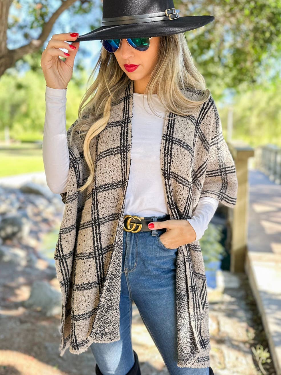 Oatmeal Plaid Knit Ruana Cardigan