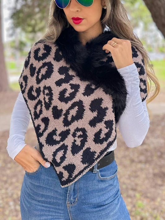 Coffee Brown Leopard Print Faux Fur Trim Knit Shawl Poncho