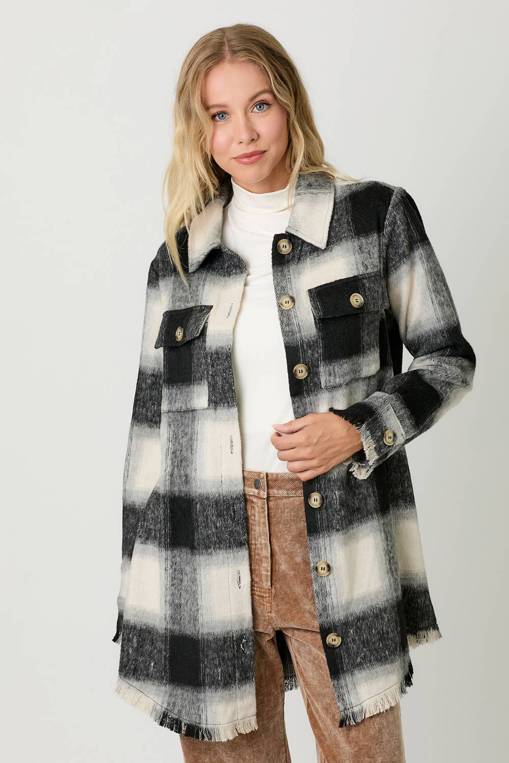 Fringe Detailed Long Plaid Jacket