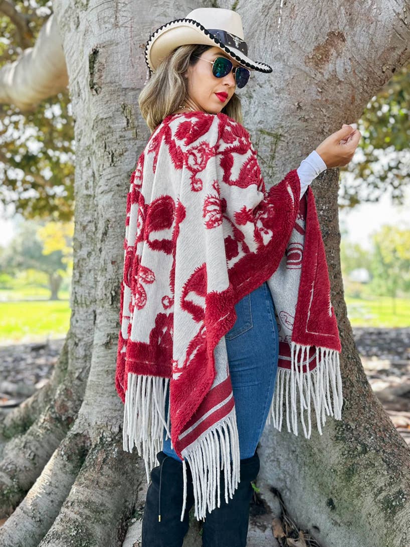 Red Western Boho 3D Fringe Ruana Cardigan