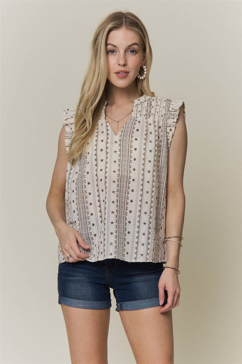 BOHO PRINT RUFFLE CAP SLEEVE BLOUSE - CET4357