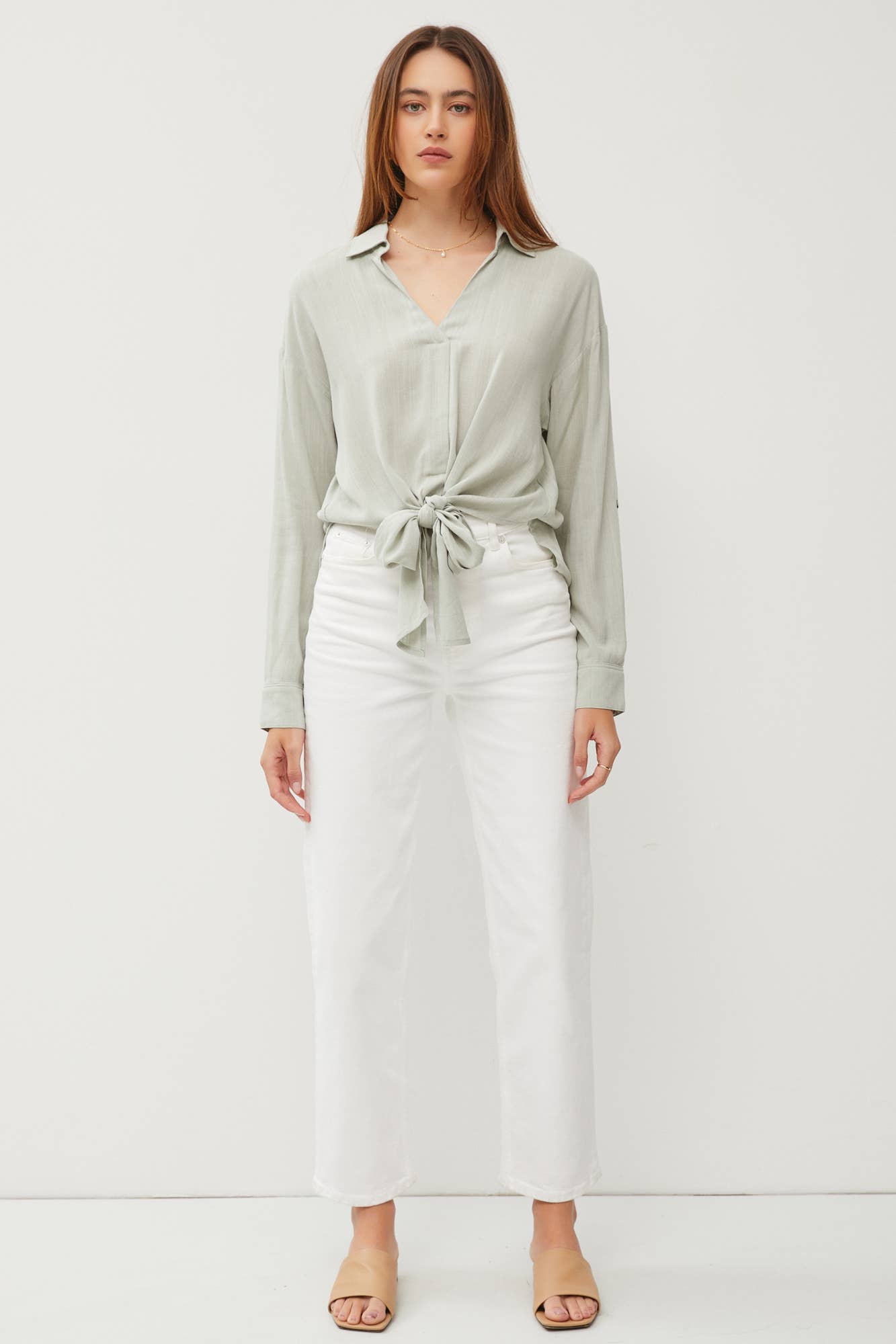 V-NECK TIE FRONT ROLL UP SLEEVE SHIRT: Dusty peach / S