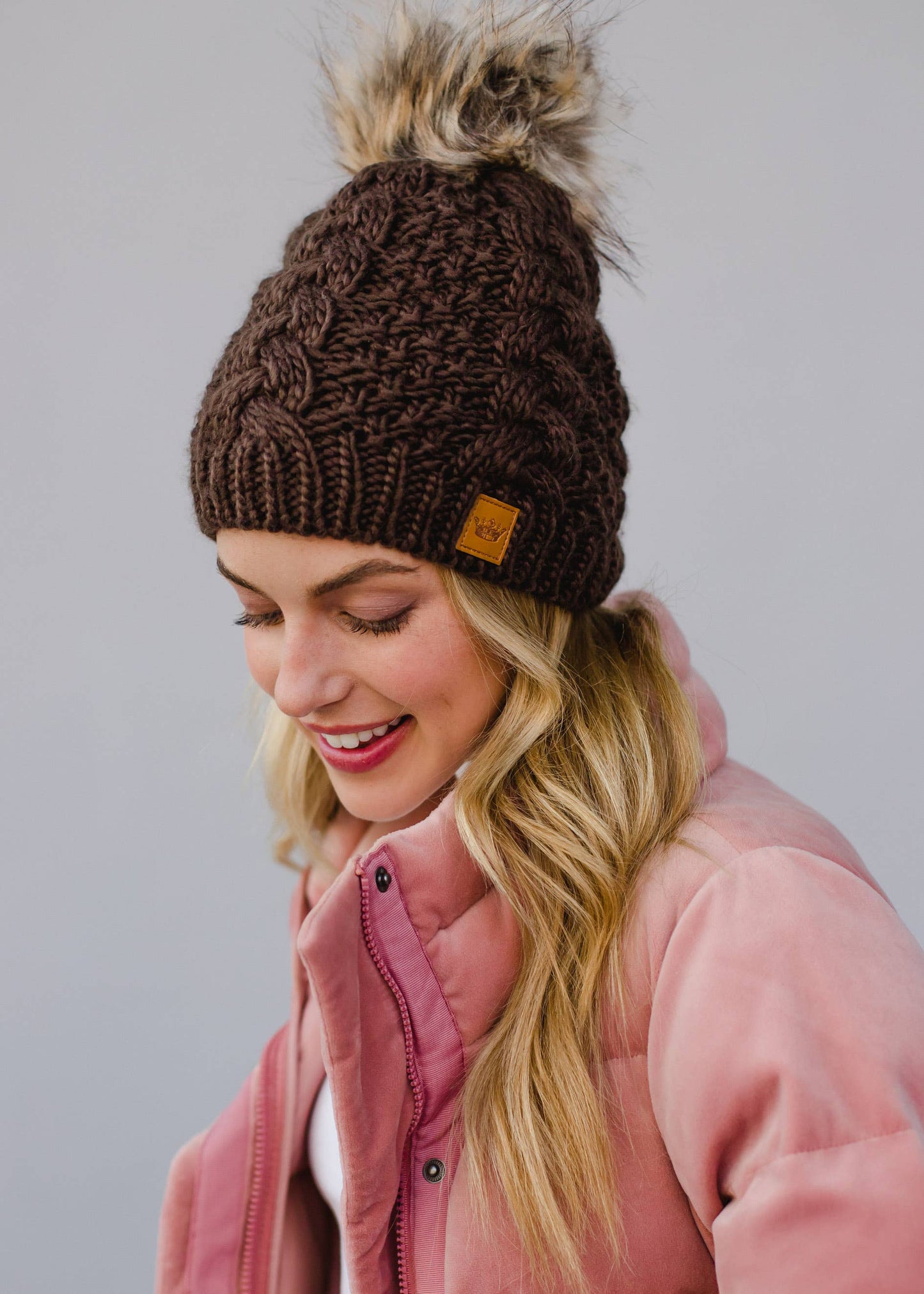 Dark Brown Cable Knit Pom Hat