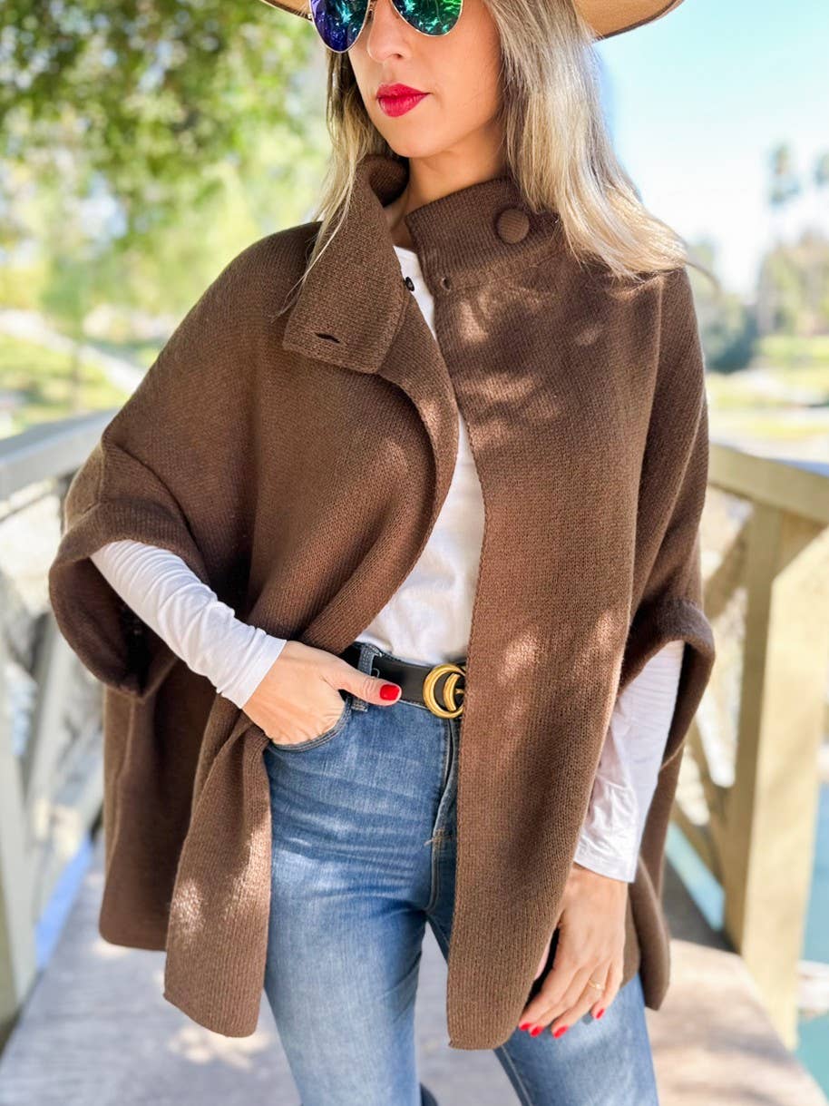 Button Neck Knit Cape Ruana Cardigan – Cozy Wrap