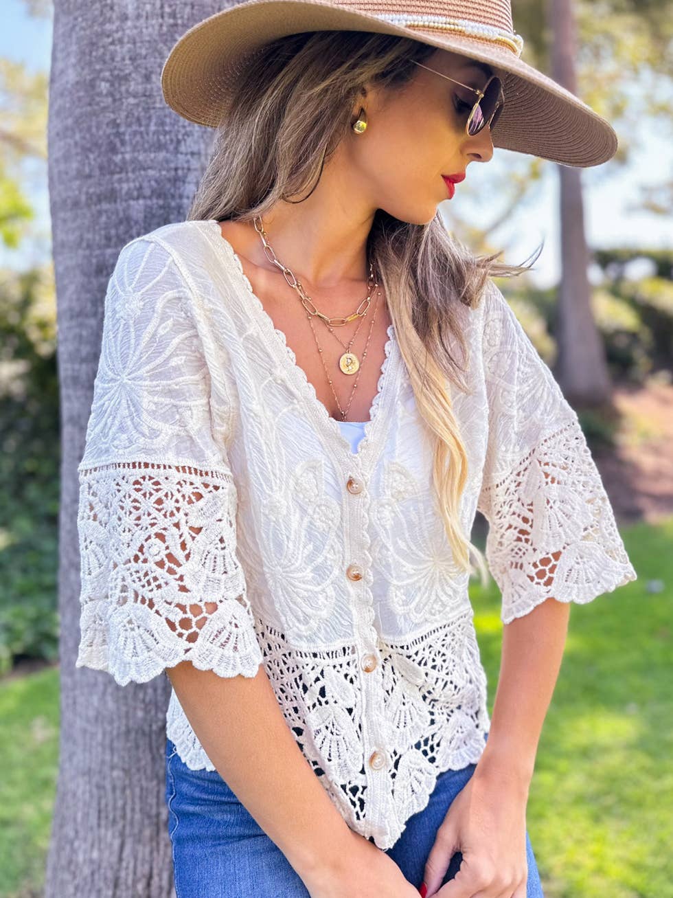 Ivory Boho Floral Lace Crochet Short Sleeve Cardigan