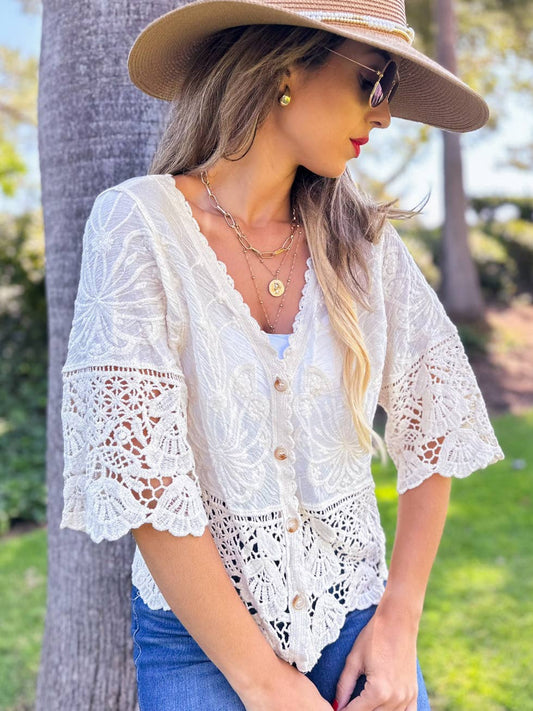 Ivory Boho Floral Lace Crochet Short Sleeve Cardigan