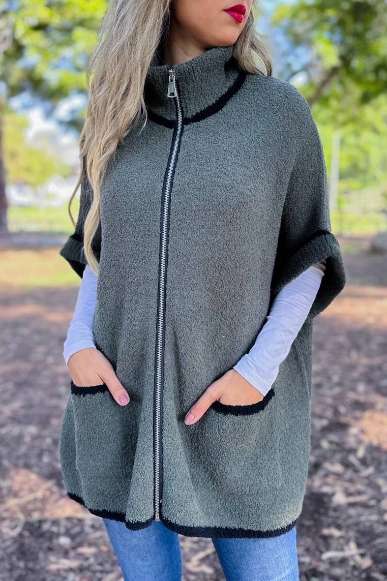 Olive Soft Knit Zip-Up Pocket Sweater Jacket