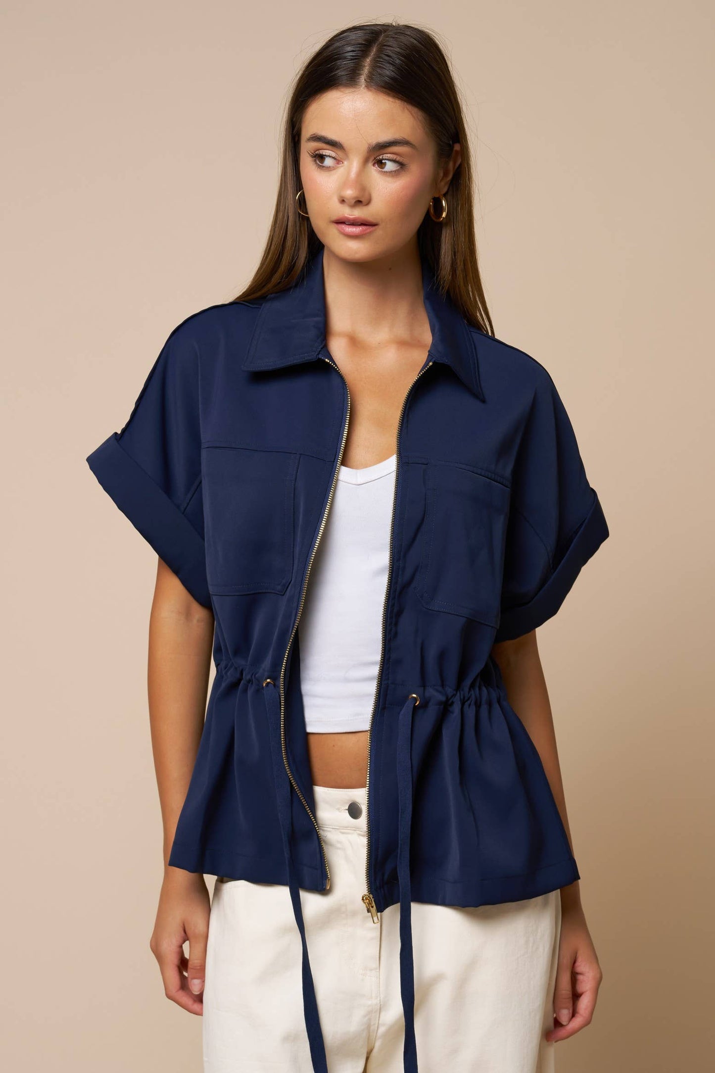 Front Zipper Closure Collared Drawstring Blouse