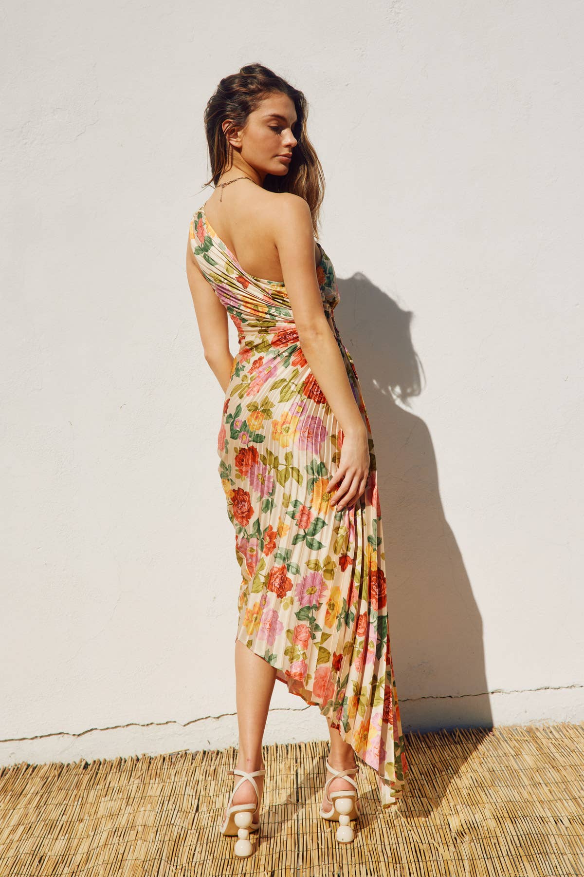 Floral One Shoulder Asymmetrical Pleated Dress