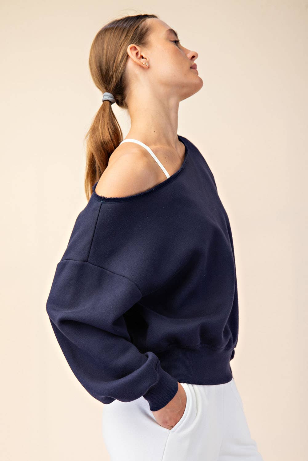 FRENCH TERRY FLEECE OFF SHOULDER TOP