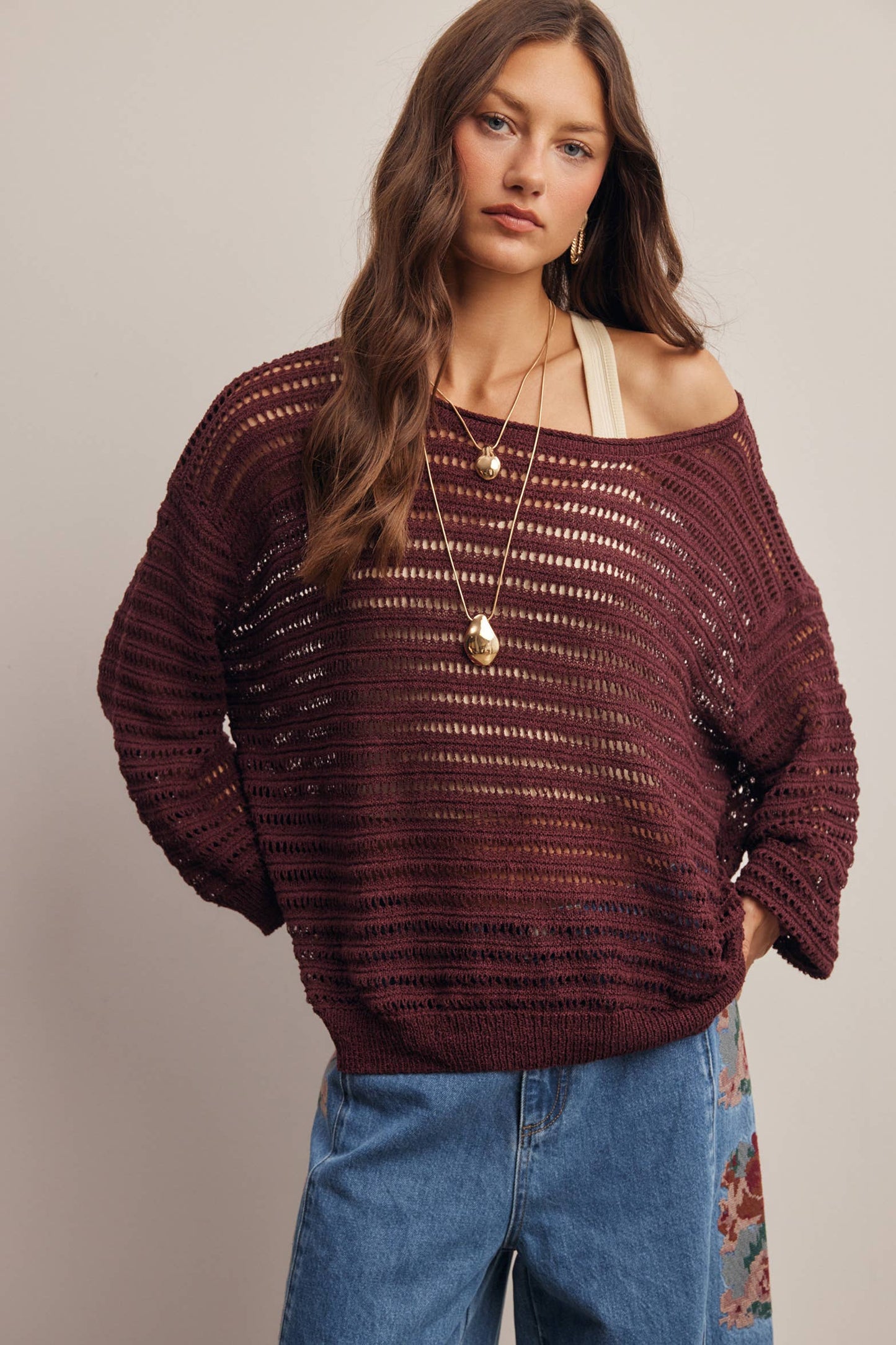 Open-Knit Stripe Sweater Top