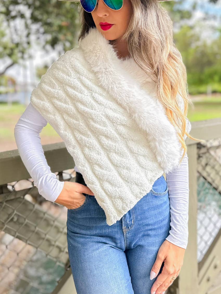 Ivory Cable Knit Faux Fur Trim Shawl Poncho