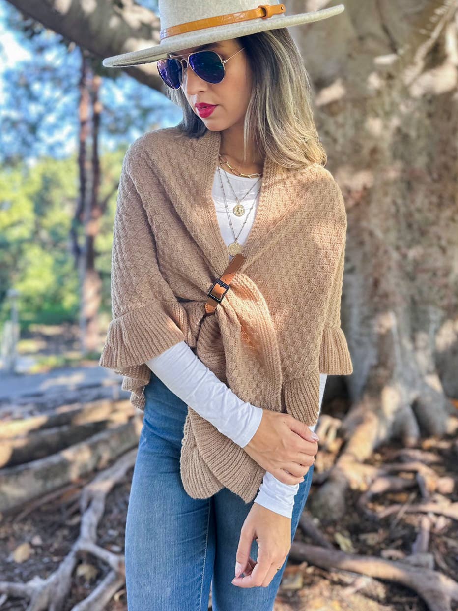 Taupe Boho Triangle Ruffle Shawl with Faux Leather Buckle