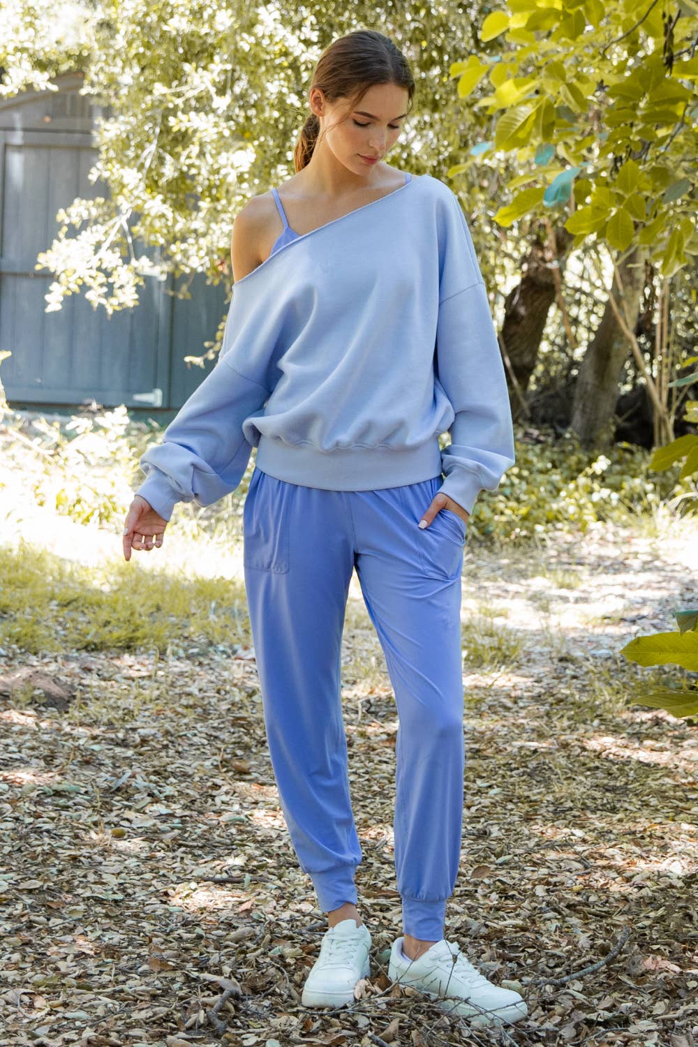 FRENCH TERRY FLEECE OFF SHOULDER TOP
