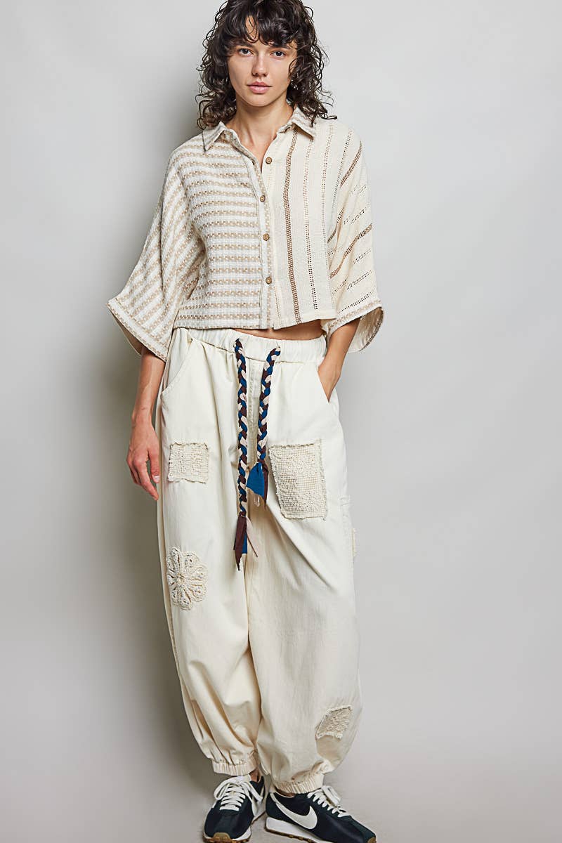 Cropped Relaxed Wood Button Detail Wide-Sleeve Shirt