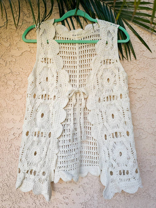 Ivory Boho Floral Crochet Open Front Vest with Tie