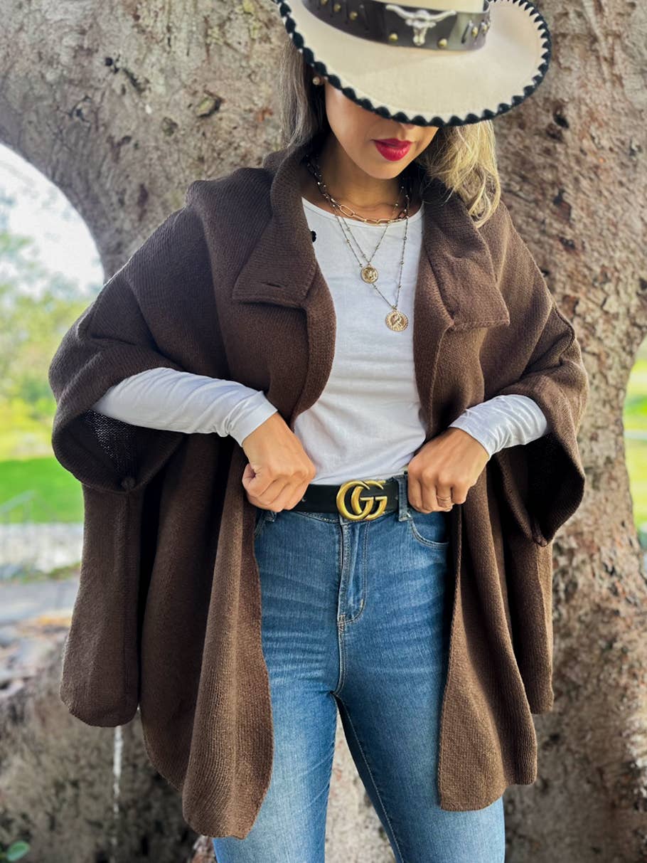 Button Neck Knit Cape Ruana Cardigan – Cozy Wrap