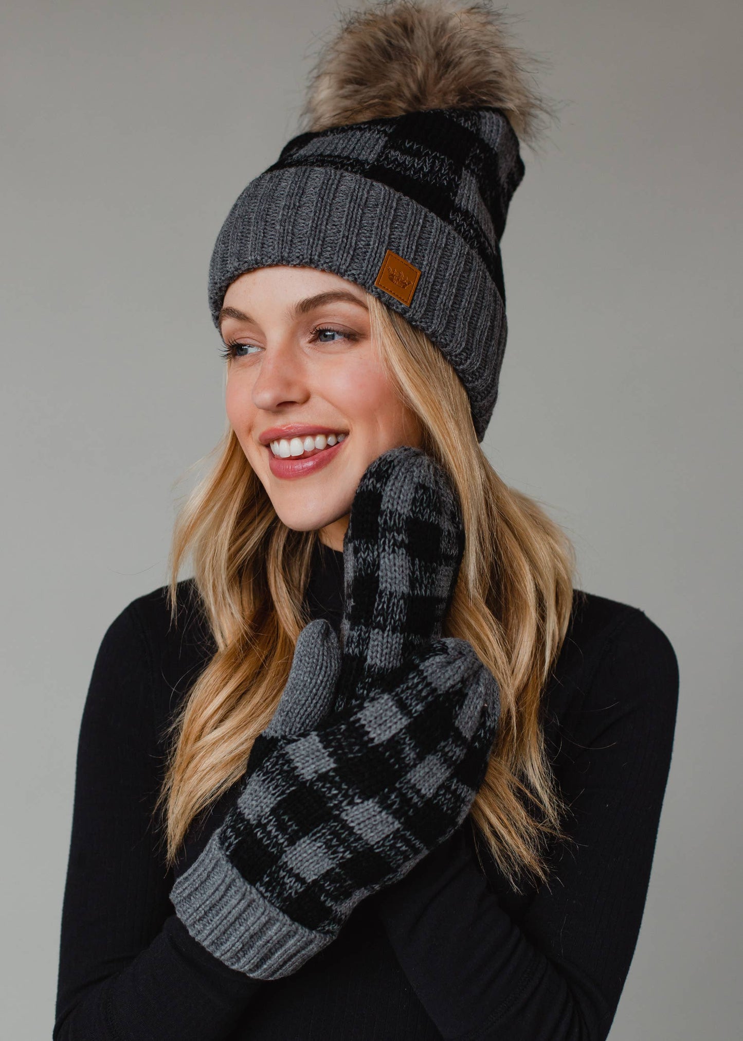 Grey Buffalo Plaid Pom Hat