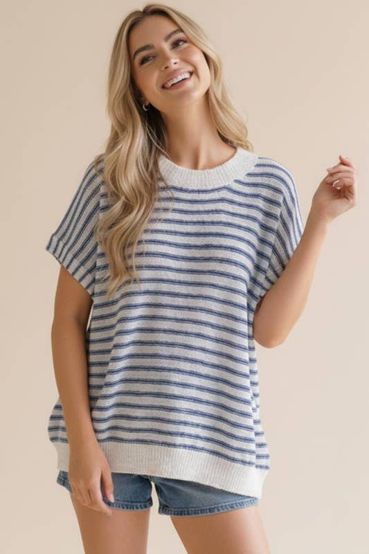 Dolman Short Sleeve Stripe Sweater Knit Top