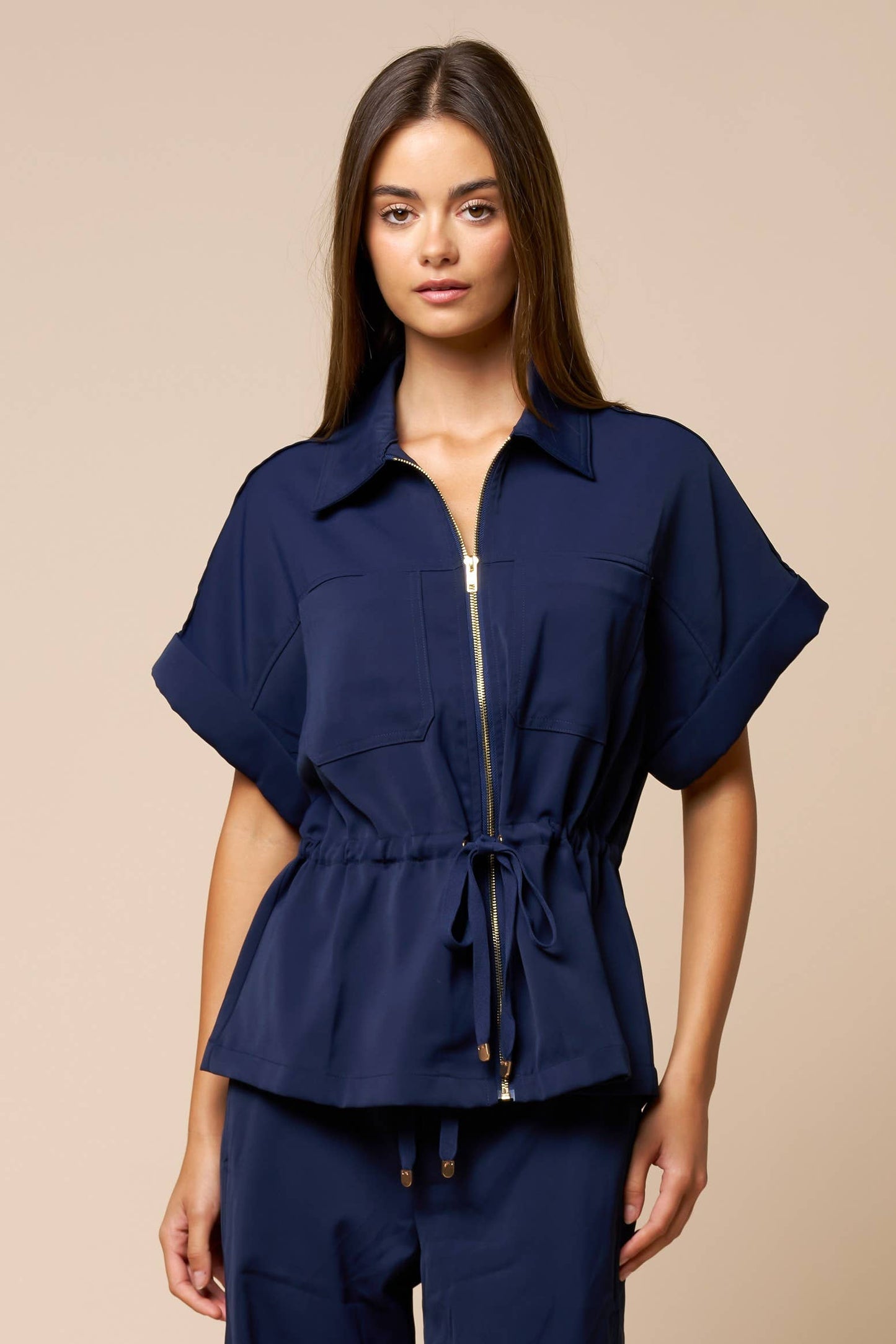 Front Zipper Closure Collared Drawstring Blouse