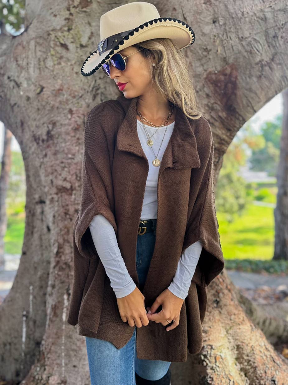 Button Neck Knit Cape Ruana Cardigan – Cozy Wrap