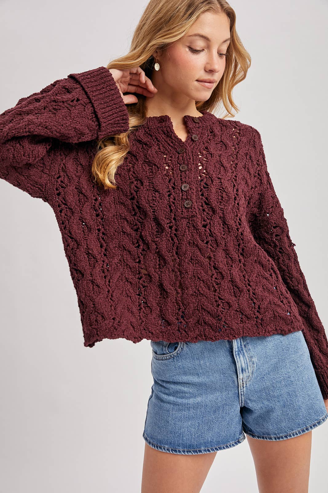 HALF-BUTTON DOWN OPEN KNIT SWEATER