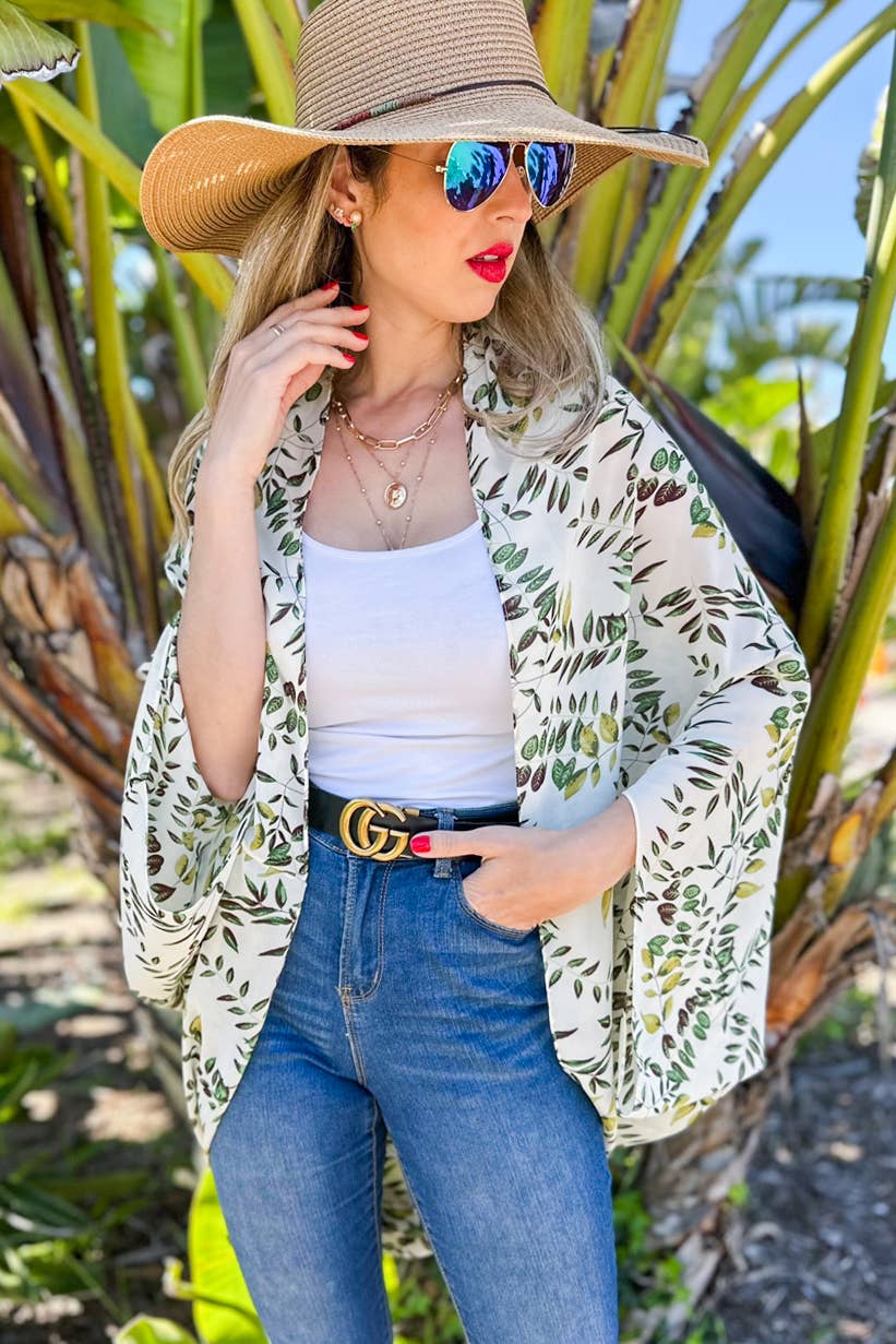 White Multi Leaves Printed Chiffon Shrug Kimono Cover Up