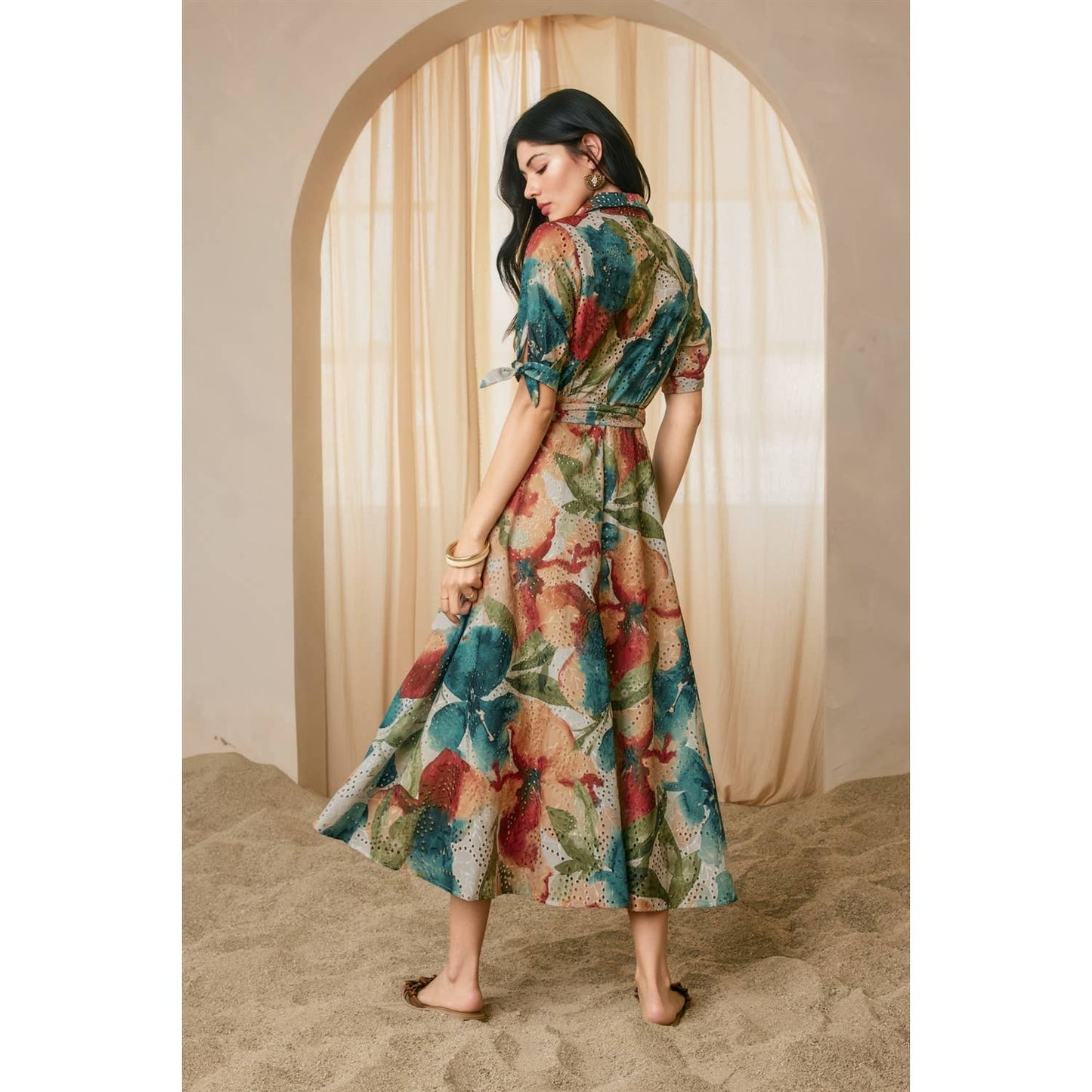 Sunset Whispers Eyelet Buckled Shirt Dress