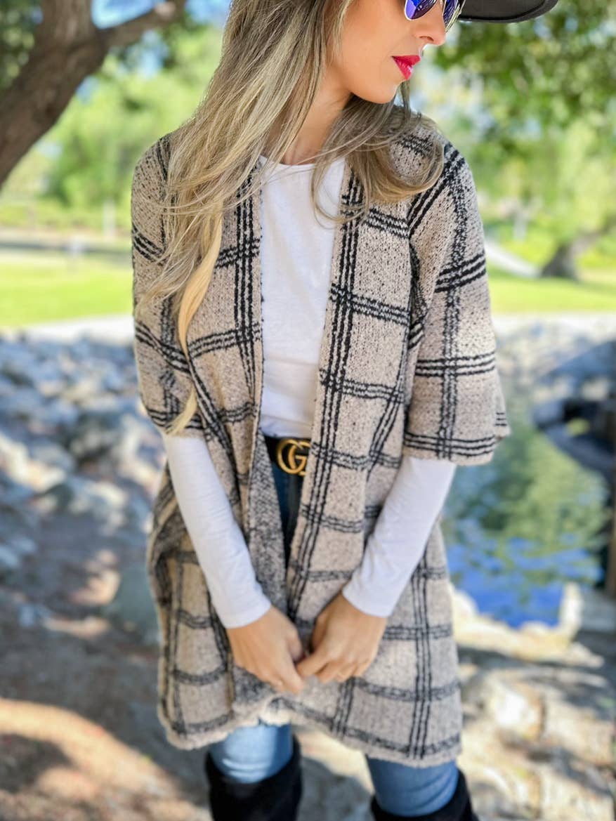 Oatmeal Plaid Knit Ruana Cardigan