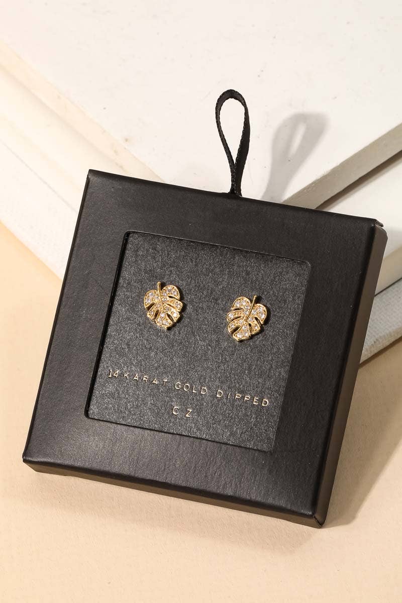 Secret Box Pave Monstera Leaf Stud Earrings