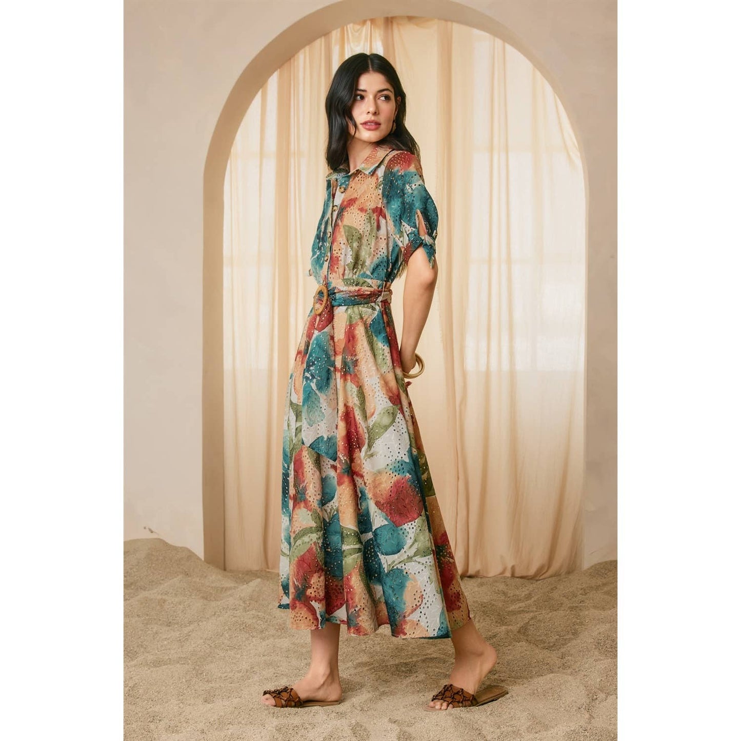 Sunset Whispers Eyelet Buckled Shirt Dress