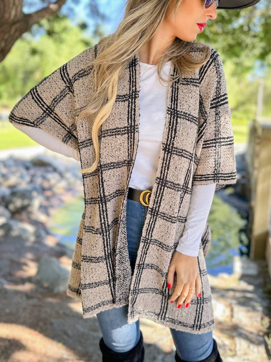 Oatmeal Plaid Knit Ruana Cardigan