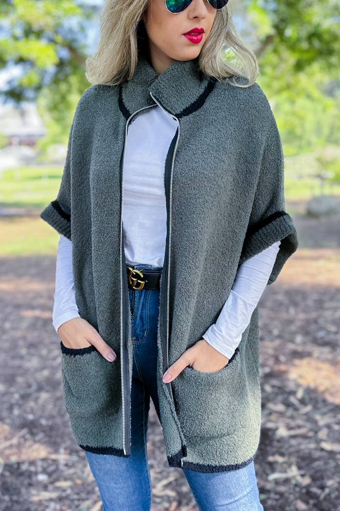 Olive Soft Knit Zip-Up Pocket Sweater Jacket