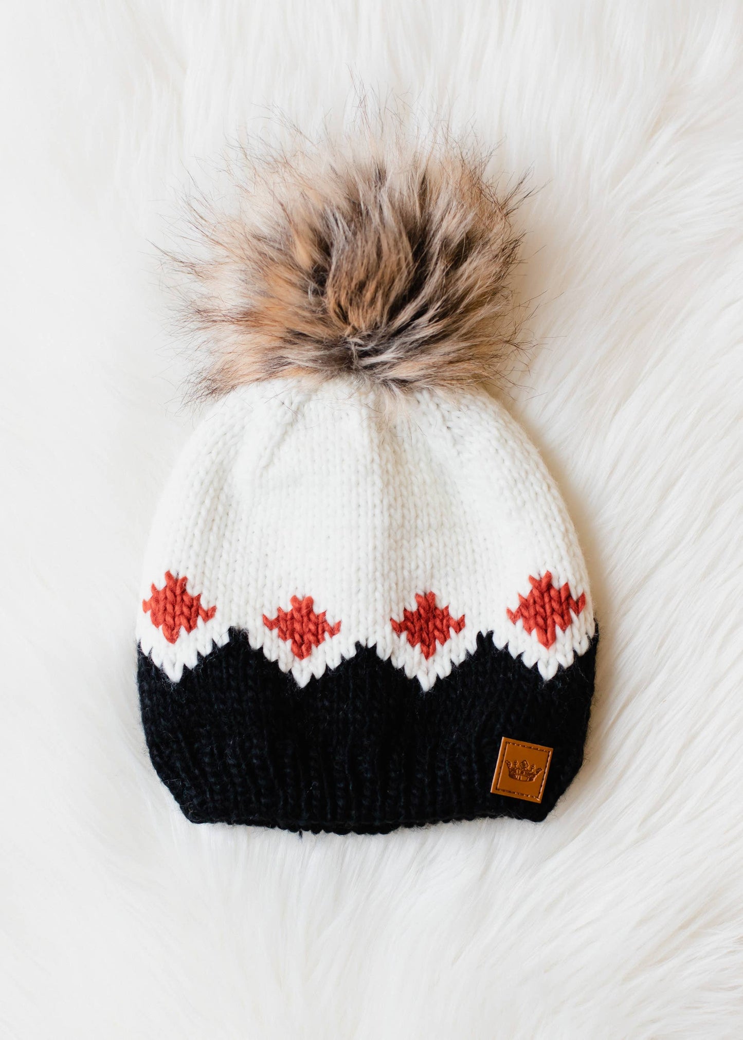 White, Rust & Black Patterned Pom Hat