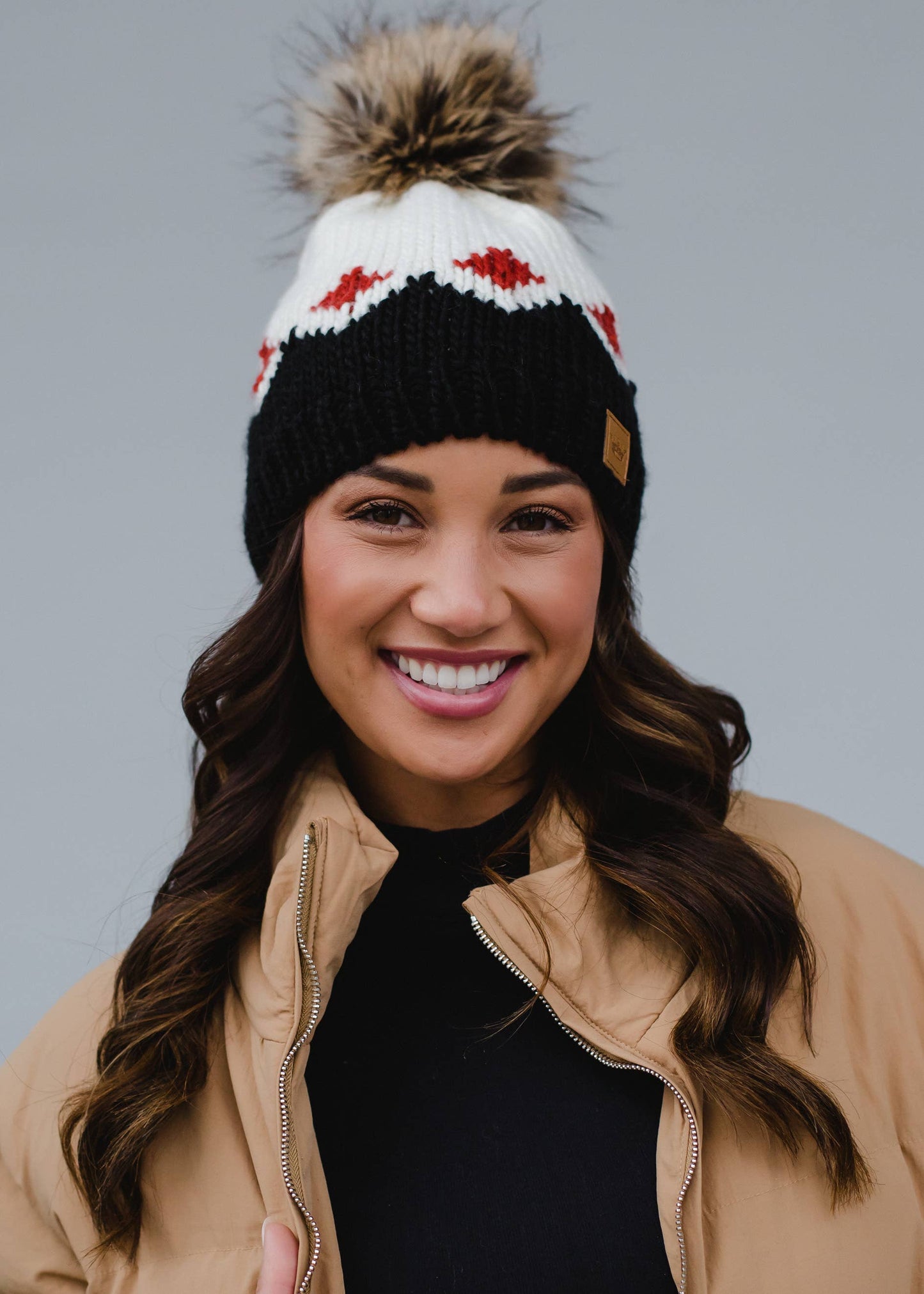 White, Rust & Black Patterned Pom Hat