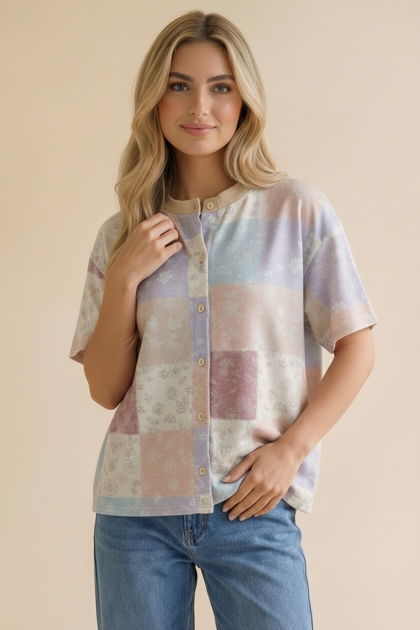 Crew Neck Button Down Patchwork Cardigan