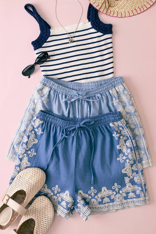 Washed Chambray Embroidered Shorts
