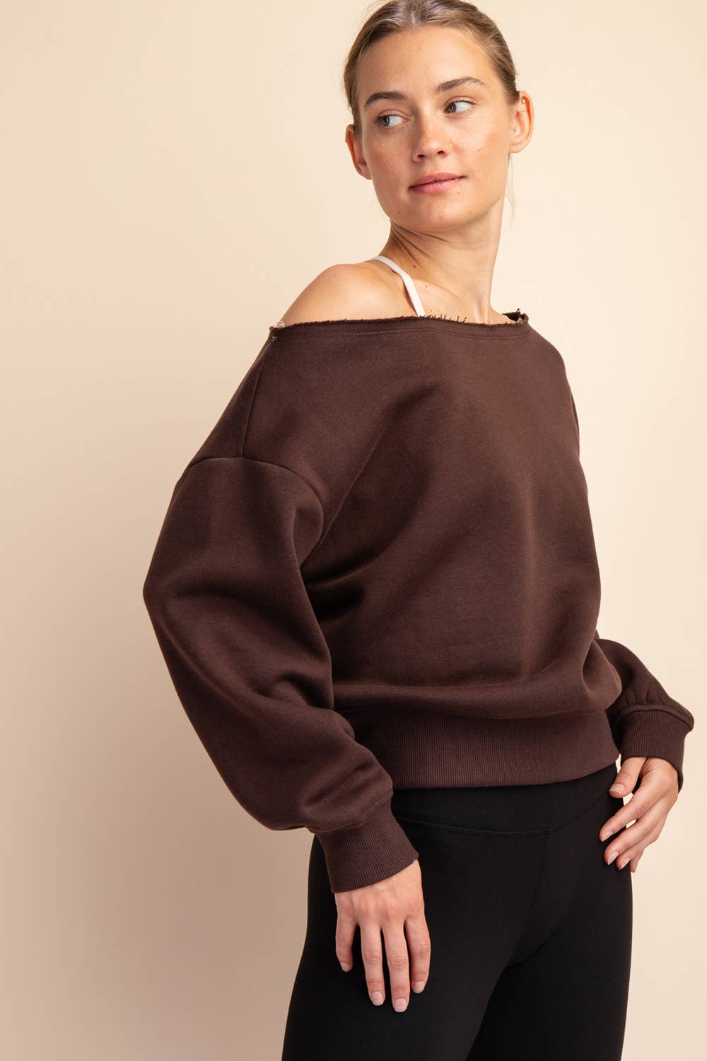 FRENCH TERRY FLEECE OFF SHOULDER TOP