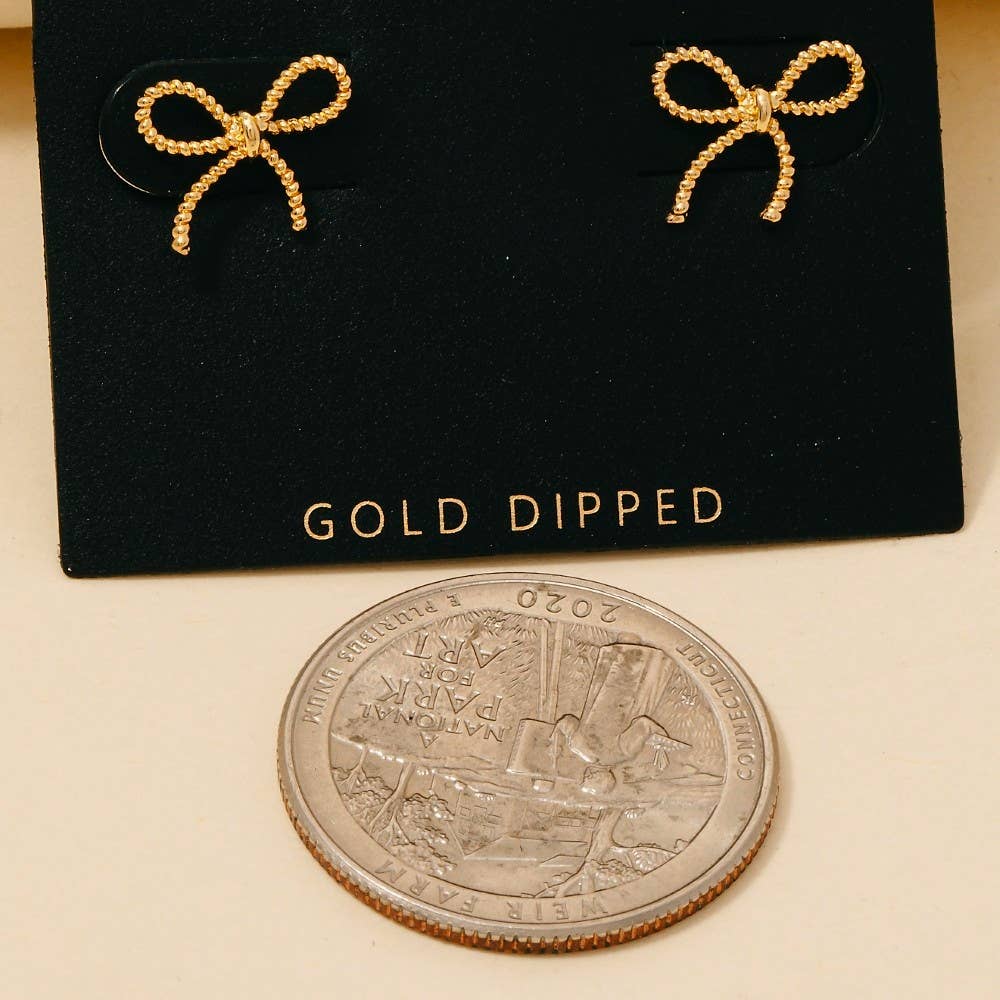 Gold Dipped Ribbon Bow Stud Earrings