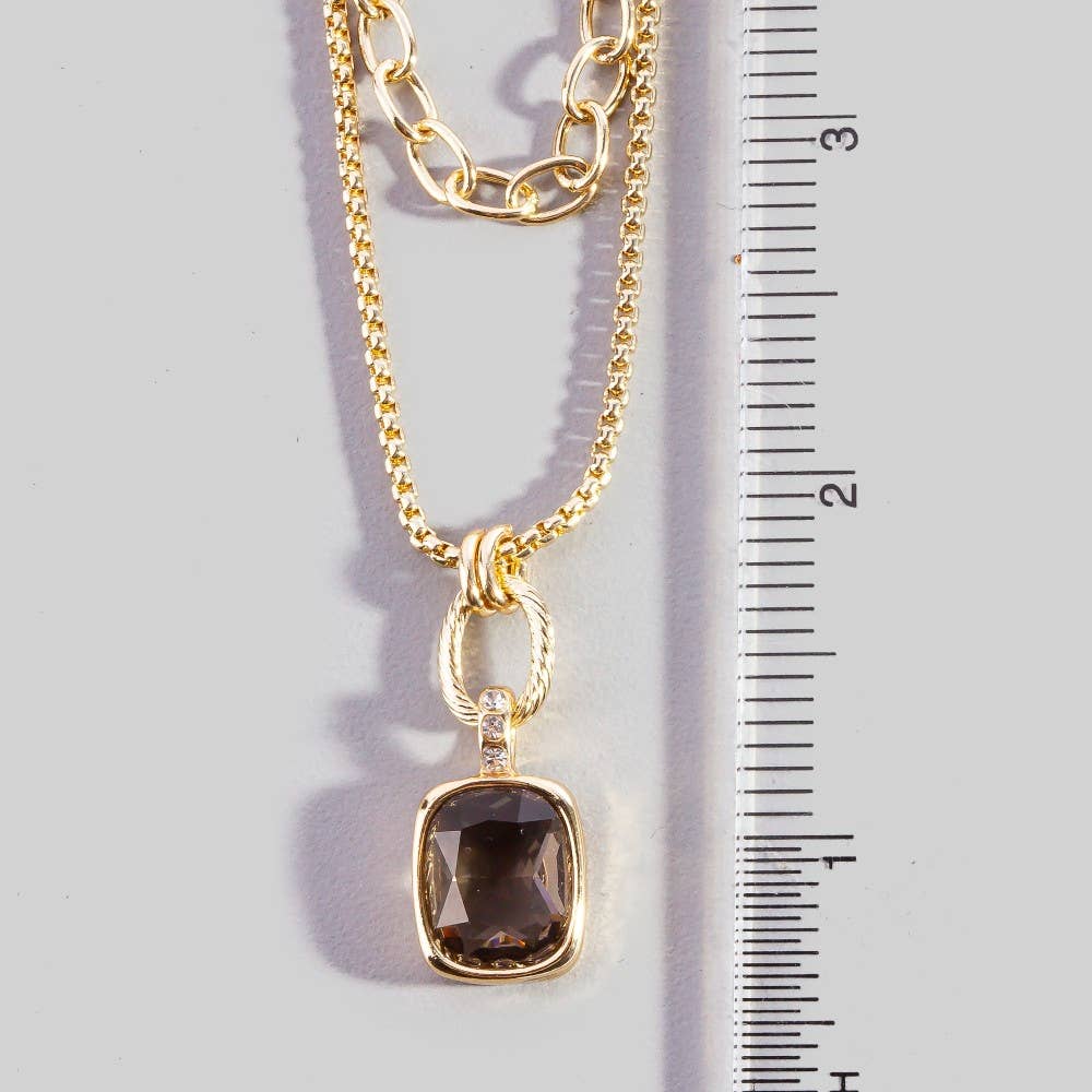 Double Layered Chain Crystal Square Pendant Necklace