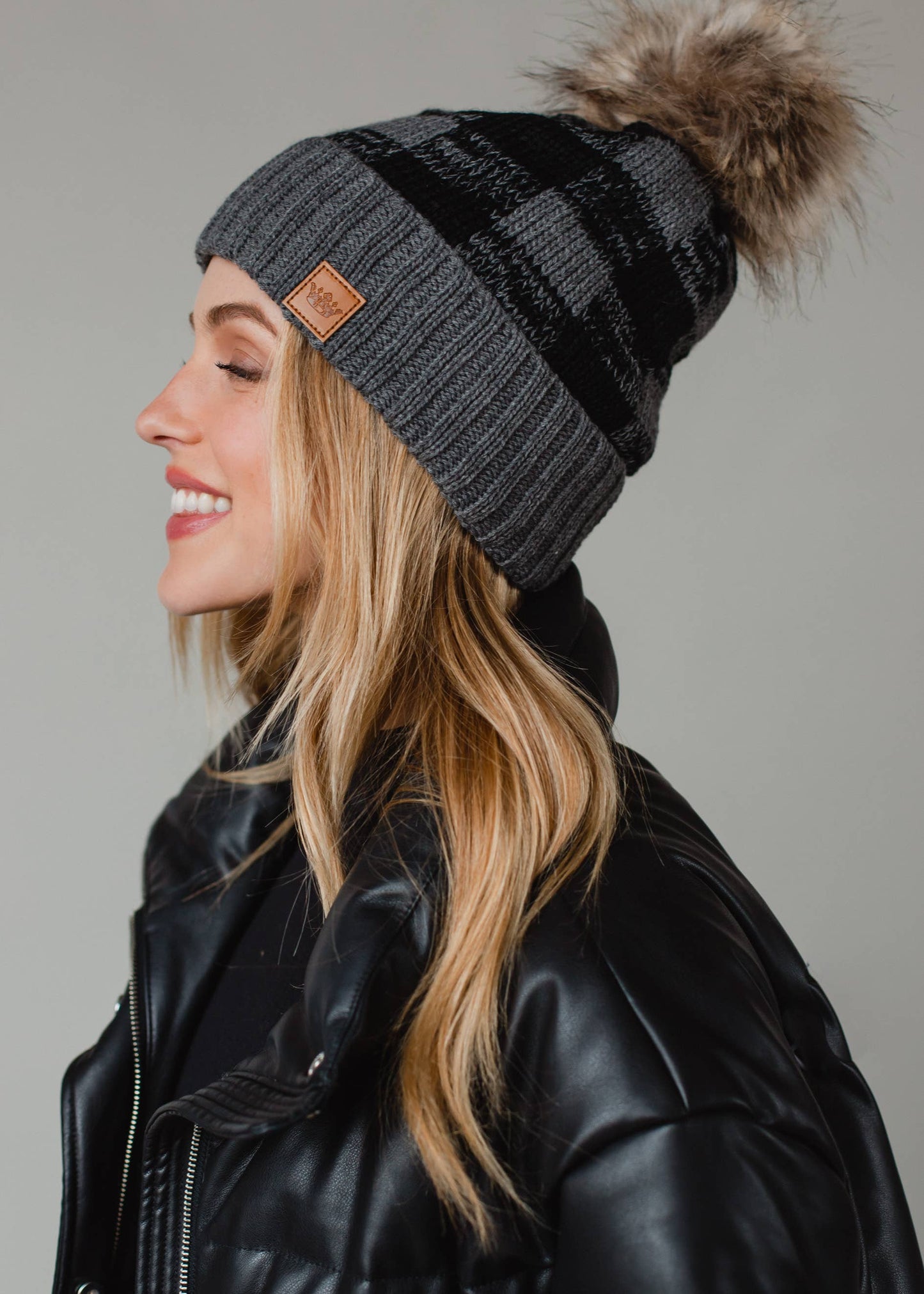 Grey Buffalo Plaid Pom Hat