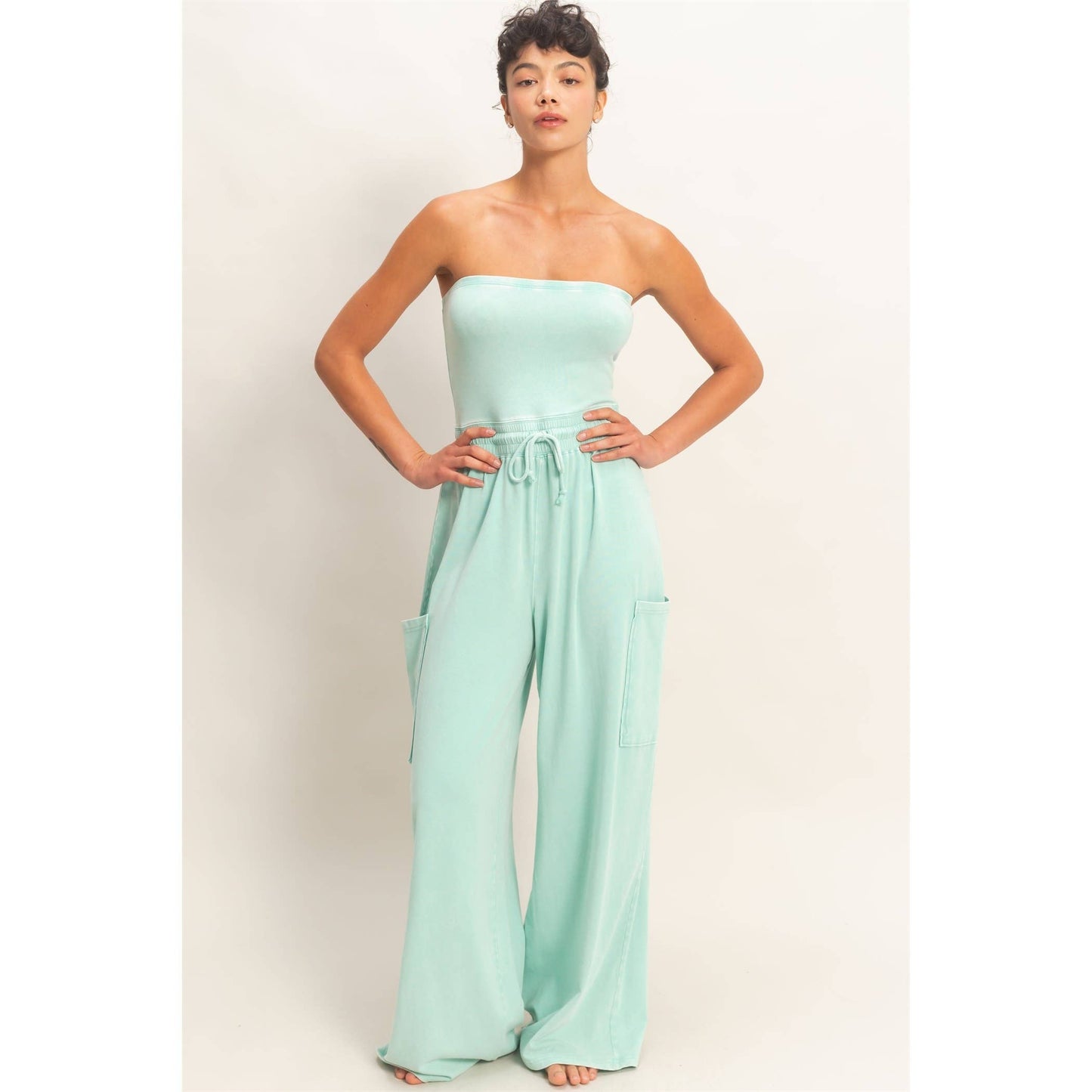 Mineral Wash Strapless Wide-Leg Jumpsuit