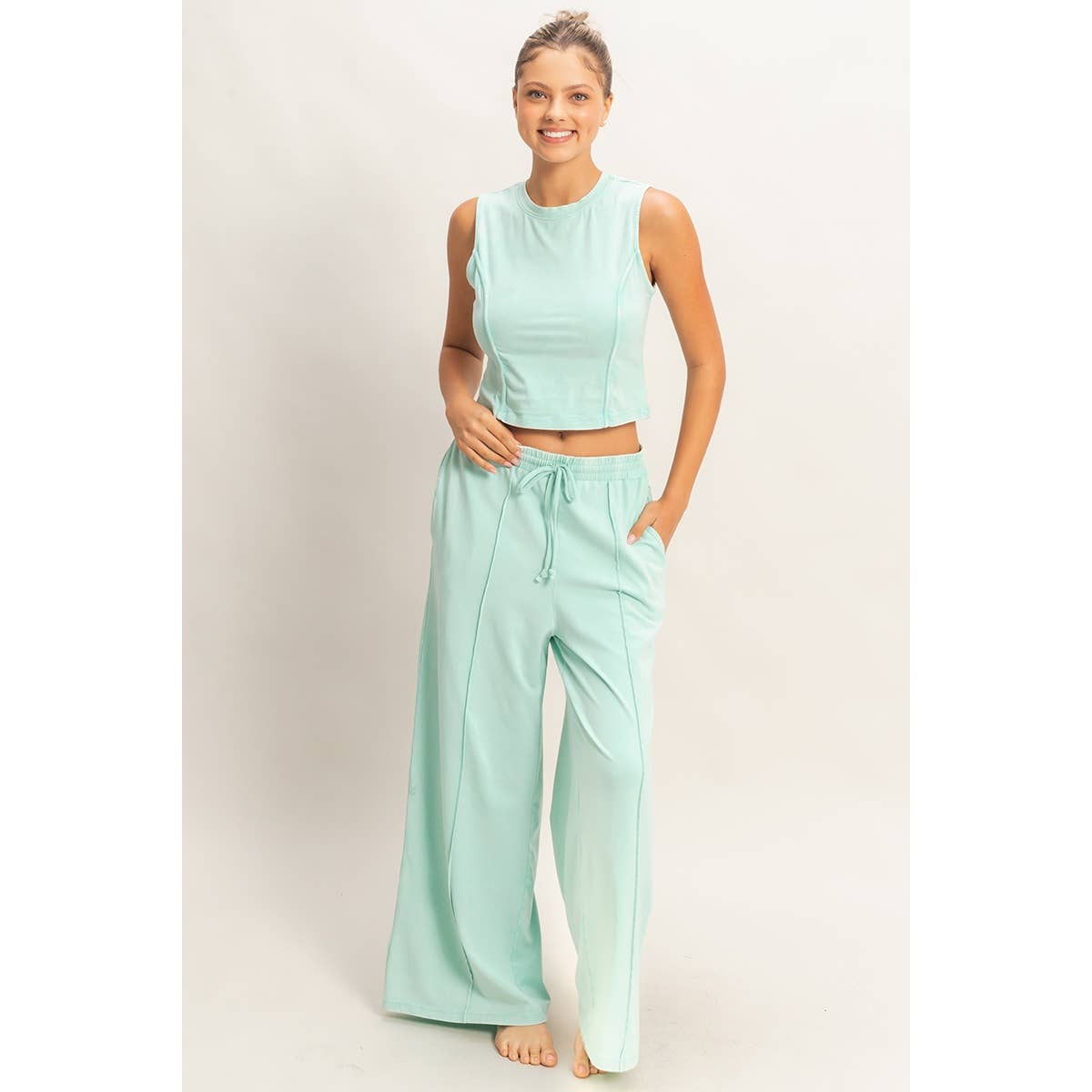 Mineral Washed Sleeveless Top & Wide Leg Pants Set