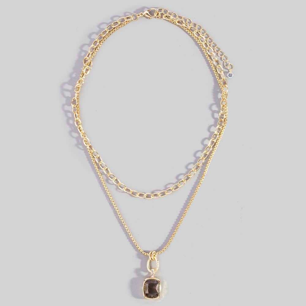 Double Layered Chain Crystal Square Pendant Necklace