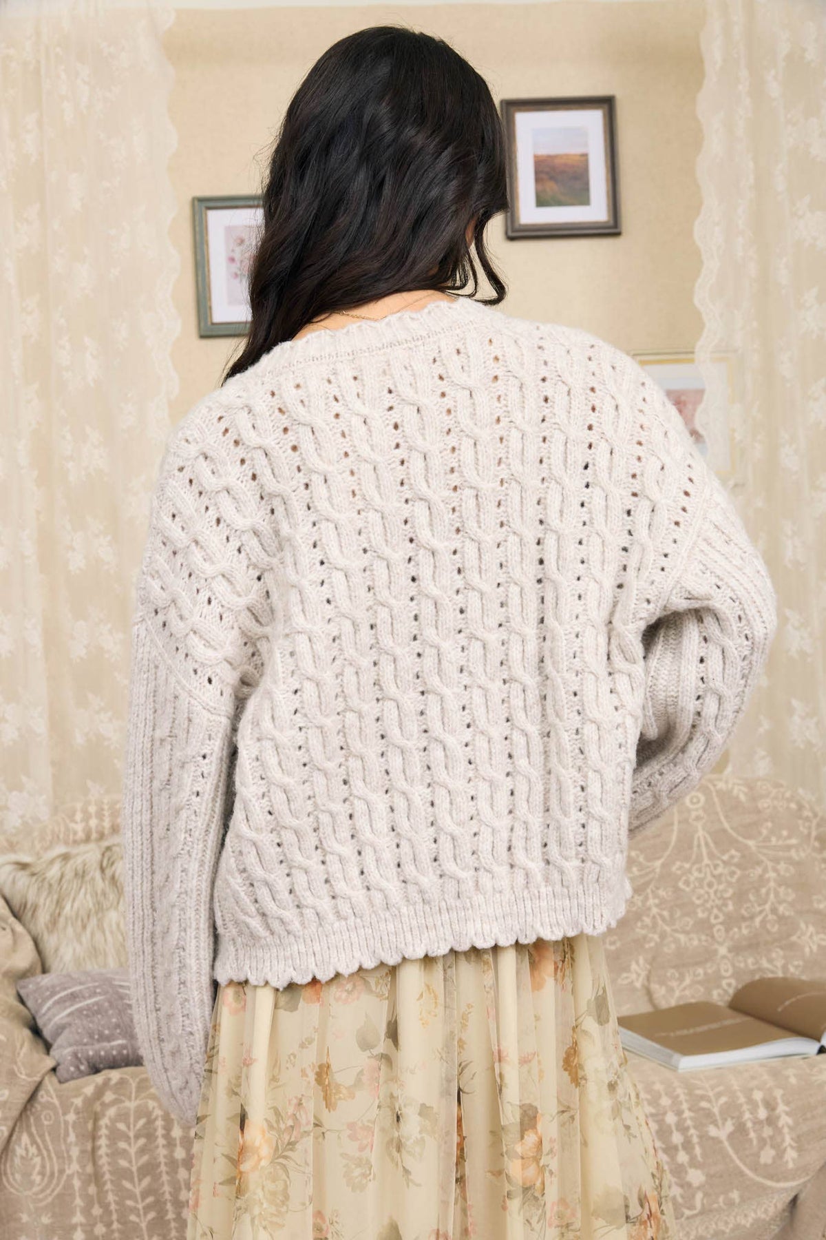 EYELET CABLE KNIT SCALLOPED TRIM KNIT CARDIGAN