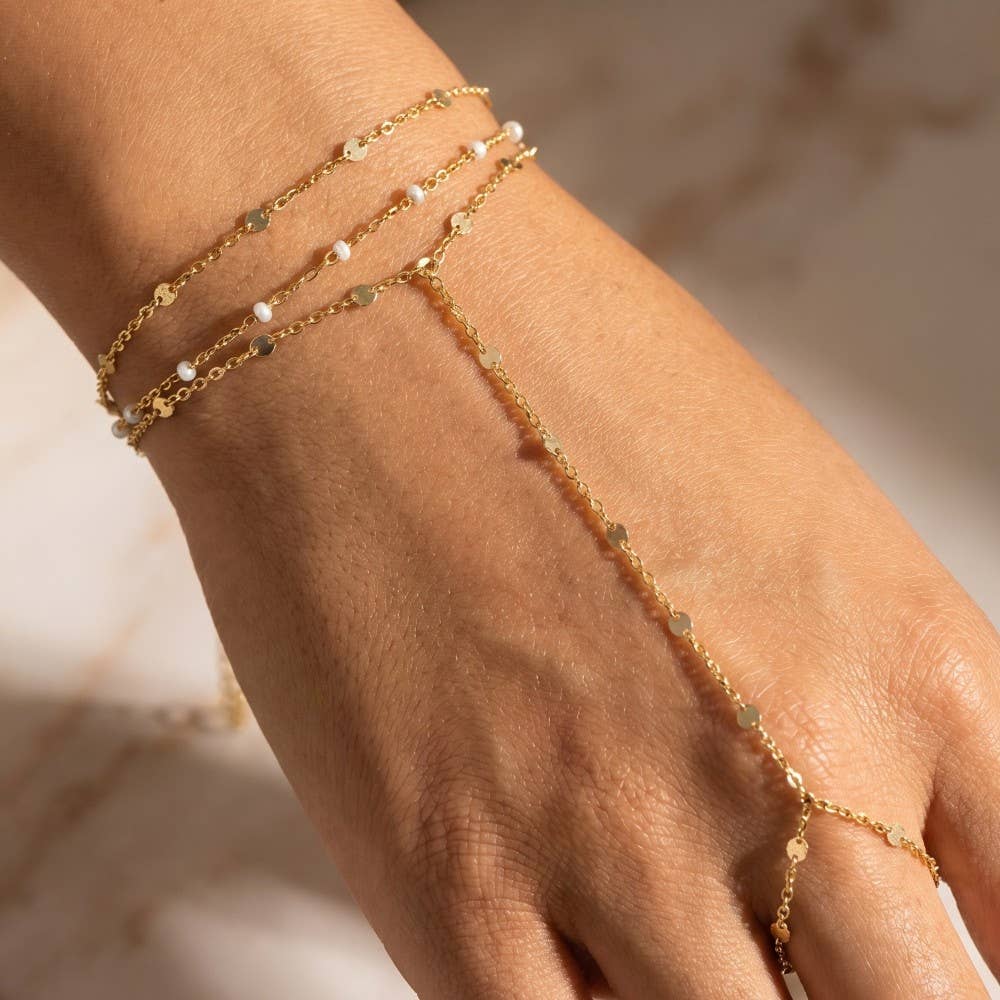 Layered Pearl Station Hand Chain Bracelet