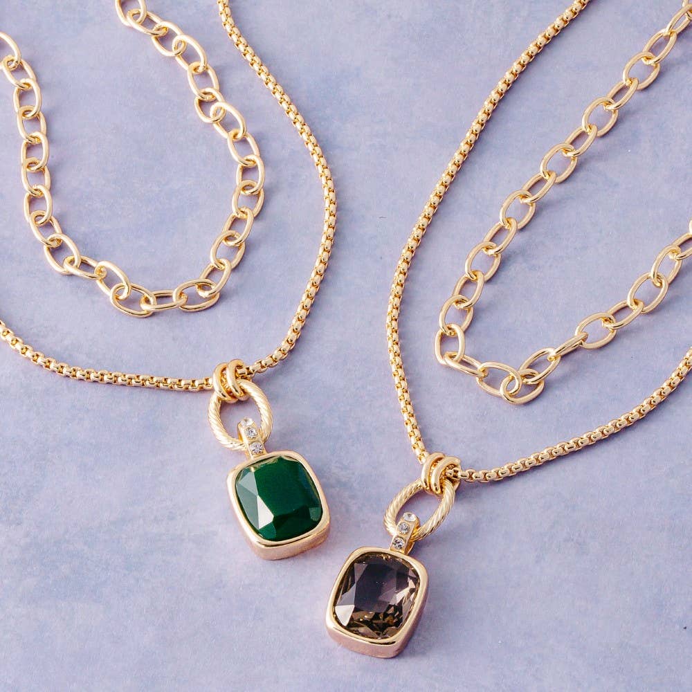 Double Layered Chain Crystal Square Pendant Necklace