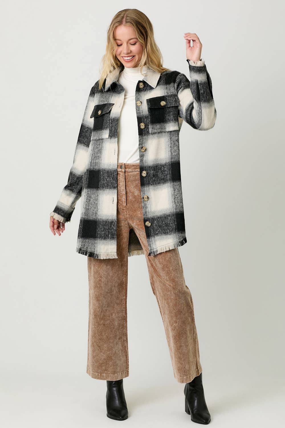 Fringe Detailed Long Plaid Jacket