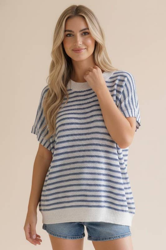 Dolman Short Sleeve Stripe Sweater Knit Top